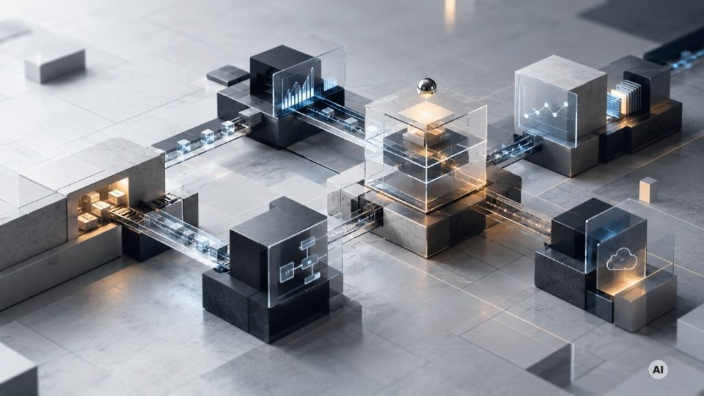 Visualisation of a modular factory data network, showing digitally connected production, analytics and cloud systems.